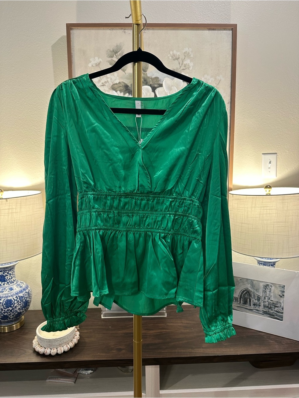 glam Emerald Green V-Neck Peplum Blouse